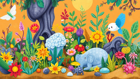 cartoon forest scene with flowers and animals - illustration for the childrenの写真素材
