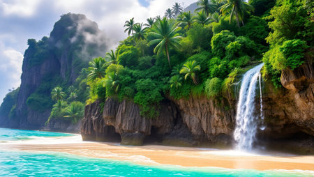 Tropical beach with waterfall and palm treesの写真素材