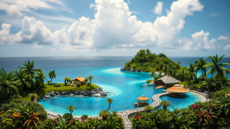tropical island with palm trees and blue lagoon. 3d renderの写真素材