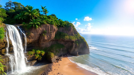Tropical beach with waterfall and palm trees in Bali, Indonesiaの写真素材