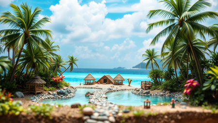Tropical beach with bungalows and palm trees at Maldivesの写真素材
