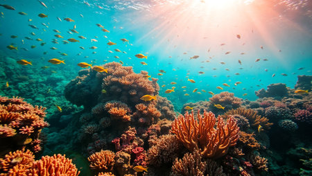 Beautiful tropical coral reef with hard corals and tropical fish underwaterの写真素材