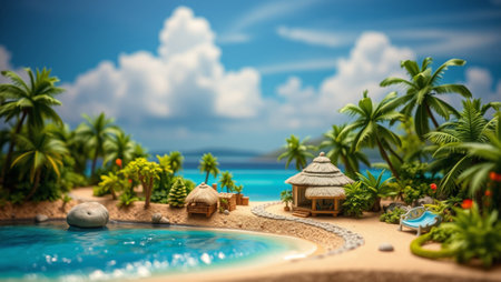 Tropical beach with bungalows and palm trees. 3d renderingの写真素材