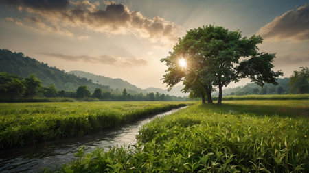 Sunset over rice field with tree and river. Nature background.の写真素材