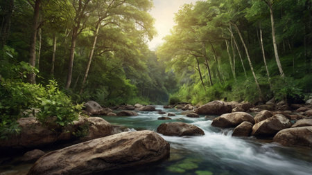 Beautiful mountain river flowing through the forest. Nature landscape background.