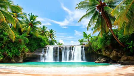 Tropical waterfall on the beach with palm trees and blue skyの写真素材