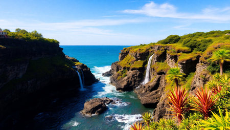 Tropical landscape with waterfalls in the middle of the cliffの写真素材