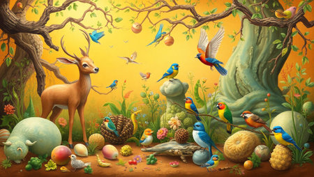 Easter scene with birds and animals in the forest - illustration for childrenの写真素材