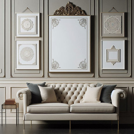 Luxury interior design of living room with sofa, armchair, paintings and mirror. 3d render