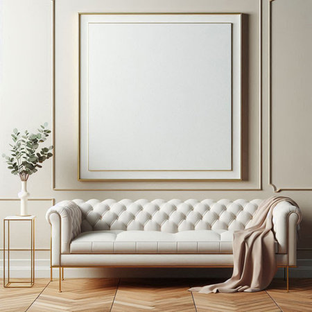 Interior of modern living room with white sofa and mock up poster. 3d renderの写真素材