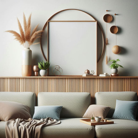 Mock up poster frame in interior background, Scandinavian style, 3d renderの写真素材