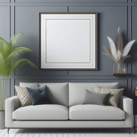 Mock up poster frame in interior background, 3D render illustrationの写真素材