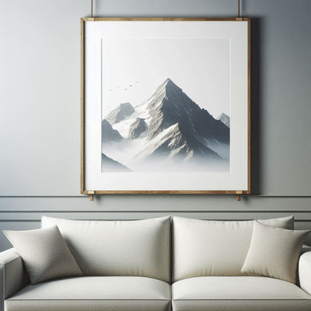 Modern interior design, living room with white sofa and mountain picture on wall