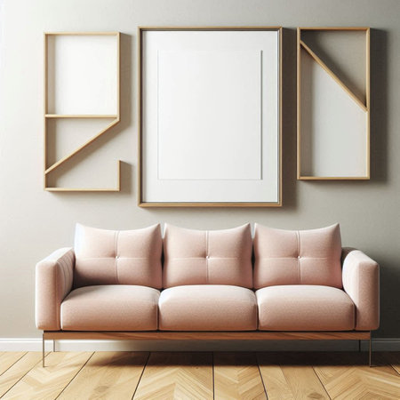 Interior of modern living room with beige sofa, bookshelf and wooden floor. 3d renderの写真素材