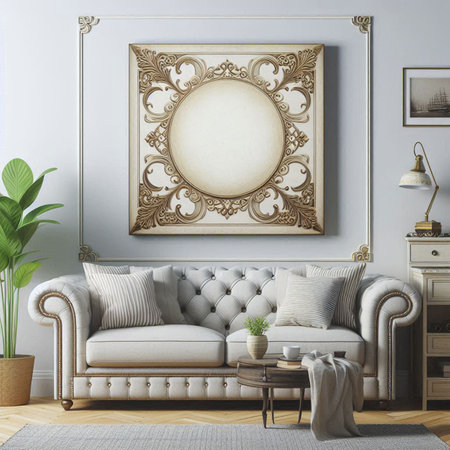 Interior of modern living room with white sofa and decorative pattern on the wall, 3d render