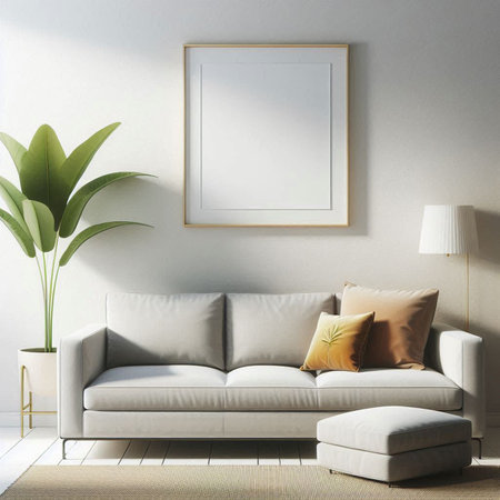 Interior of modern living room with white sofa, pillows and poster. 3d renderの写真素材