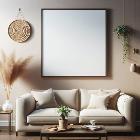 Interior of modern living room with beige sofa, coffee table and blank poster. Mock up, 3D Renderingの写真素材