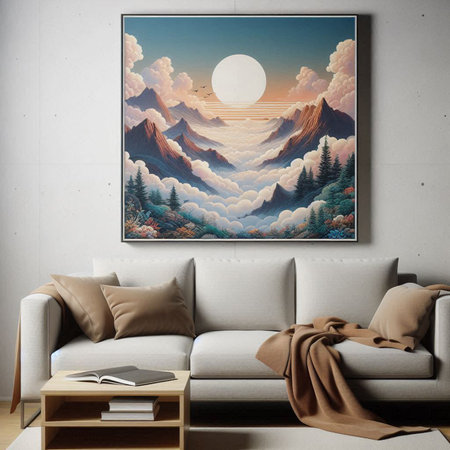 modern living room with sofa, coffee table, books and mountains on wallの写真素材