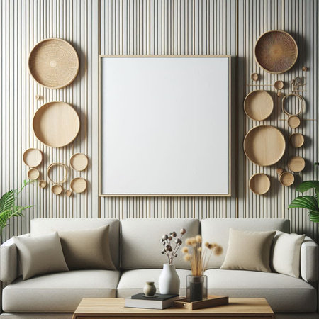 Mock up poster frame in interior background, Scandinavian style, 3D render