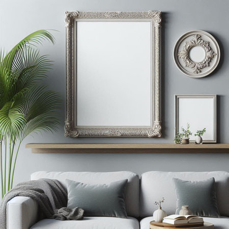 Mock up poster frame in interior background, 3D render illustrationの写真素材