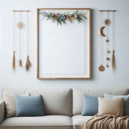 Mock up poster frame in interior background, Scandinavian style, 3d renderの写真素材