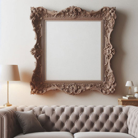 Luxury interior with blank picture frame on the wall. 3d renderの写真素材