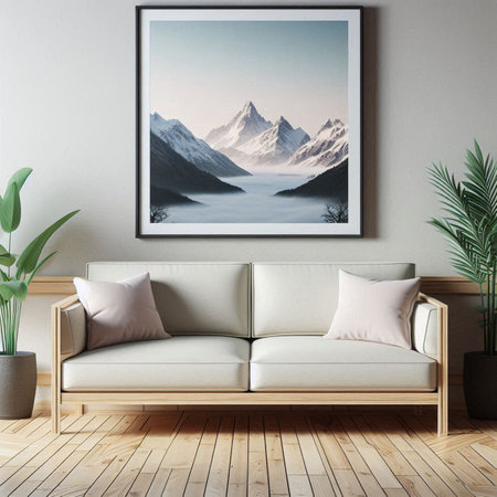 Interior of modern living room with white sofa, plants and picture frame. 3d renderの写真素材