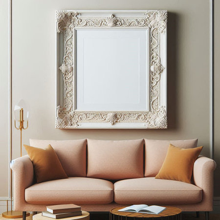 Interior of modern living room with pink sofa, coffee table, books and vintage mirror. 3d render