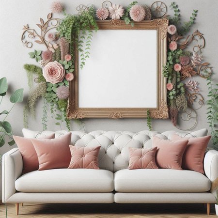 Interior of modern living room with white sofa, plants and empty frame. 3d render