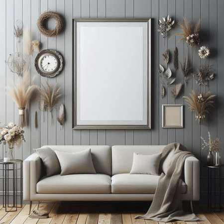 Mock up poster frame in interior background, Scandinavian style, 3D render