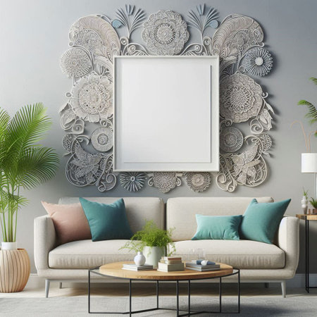 Mock up poster frame in interior background, Scandinavian style, 3D renderの写真素材