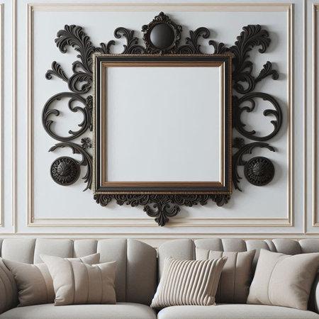 Mock up blank picture frame in classic interior. 3d render illustration