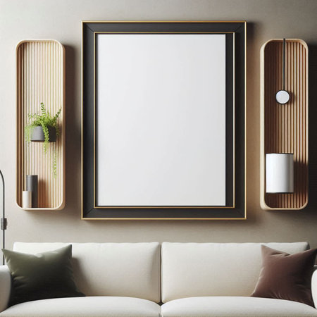 Mock up poster frame in modern living room interior, 3d renderの写真素材