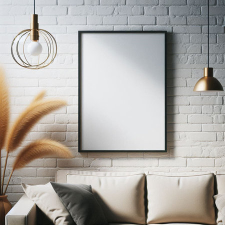 Mock up poster frame in modern living room interior, 3d render illustration