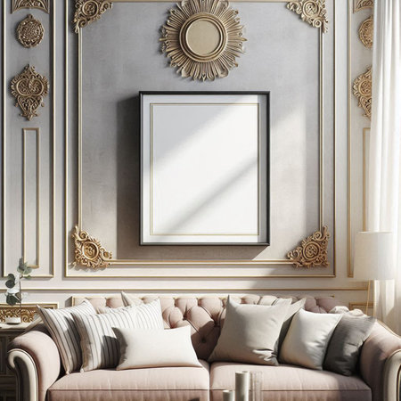 Mock up poster frame in classic interior background, 3D render illustration
