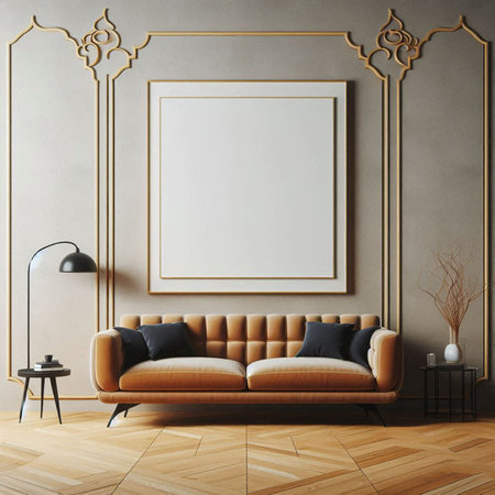 Mock up poster frame in interior background, 3D render illustrationの写真素材