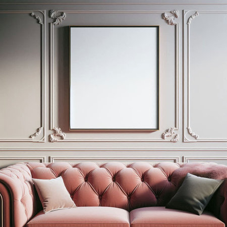 Living room interior with pink sofa and blank poster. 3d renderの写真素材