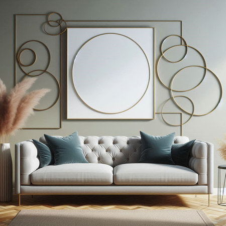 Interior of modern living room with white sofa, mock up poster, 3d renderの写真素材