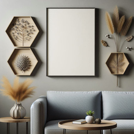 Mock up poster frame in interior background, Scandinavian style, 3D render