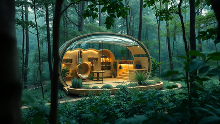 Futuristic interior design in the forest. 3D rendering.