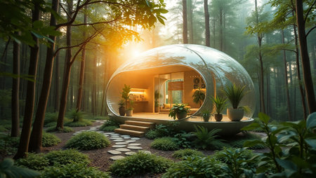 Futuristic glass house in the green forest. 3d renderingの写真素材