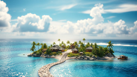Tropical island with palm trees and bungalows. 3d renderの写真素材