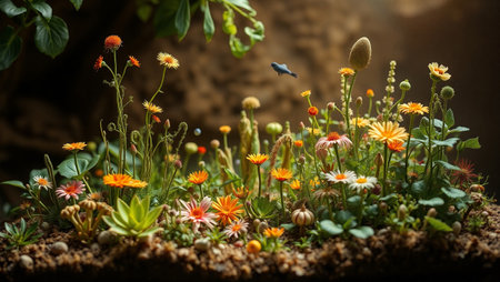 Miniature garden with plants and flowers. Selective focus. Toned.の写真素材