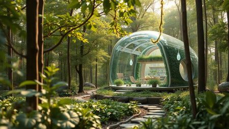 Greenhouse in the forest with round glass dome and garden furniture.の写真素材