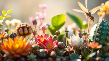 Cactus flower and dragonfly in the garden - soft focus point