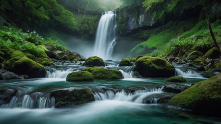 Beautiful waterfall in the green forest. Long exposure shot, long exposureの写真素材
