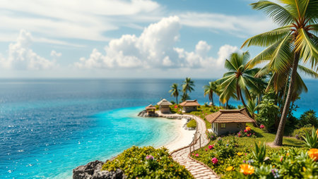 Tropical island with palm trees, turquoise ocean and blue skyの写真素材