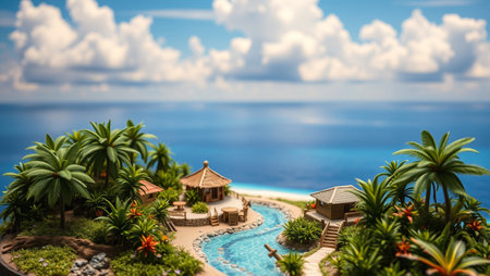 Miniature tropical island with palm trees and bungalows. Travel conceptの写真素材
