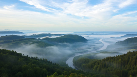 Aerial view of foggy mountain landscape with river and forest.の写真素材