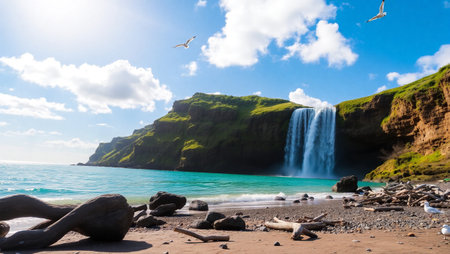 Beautiful seascape with waterfall and seagulls on the beach.の写真素材